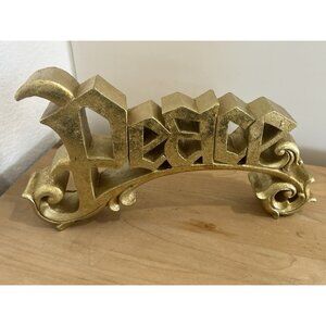 Gold Tone Hollywood Regency Home Decor standing PEACE plaque old English letters